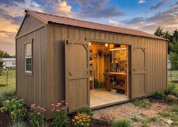 Garden shed with double doors open, revealing a well-organized workbench and tools inside, surrounded by blooming flowers in the yard at sunset.