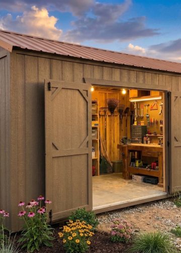 Garden shed with double doors open, revealing a well-organized workbench and tools inside, surrounded by blooming flowers in the yard at sunset.