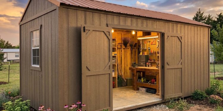 Garden shed with double doors open, revealing a well-organized workbench and tools inside, surrounded by blooming flowers in the yard at sunset.