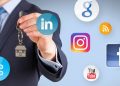 Businessperson presenting a key while social media icons float around, symbolizing social media security (LinkedIn, Instagram, YouTube, Facebook, Twitter, Google)./** concise **/