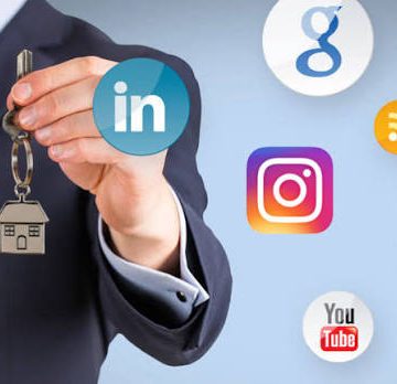 Businessperson presenting a key while social media icons float around, symbolizing social media security (LinkedIn, Instagram, YouTube, Facebook, Twitter, Google)./** concise **/