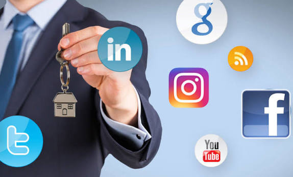 Businessperson presenting a key while social media icons float around, symbolizing social media security (LinkedIn, Instagram, YouTube, Facebook, Twitter, Google)./** concise **/