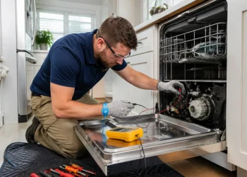 Technician kneeling by an open dishwasher, testing wiring with a multimeter.