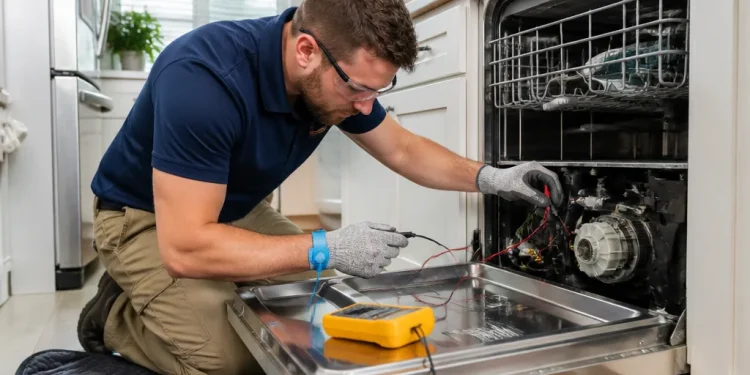 Technician kneeling by an open dishwasher, testing wiring with a multimeter.